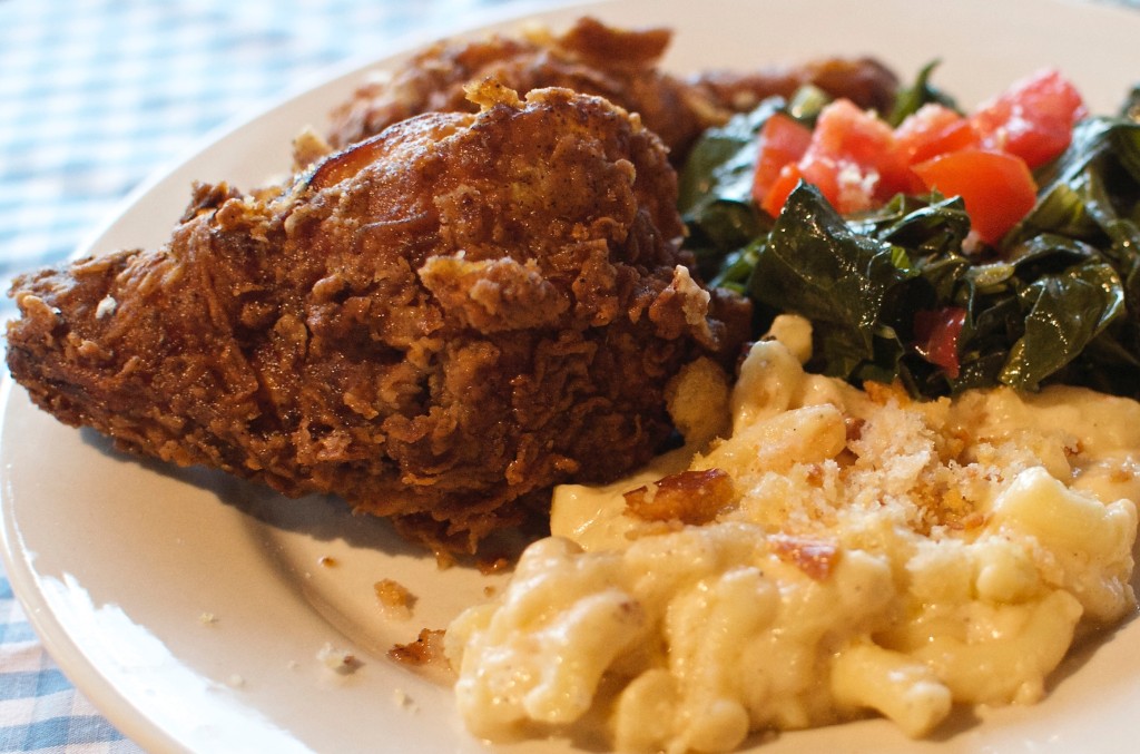 Drums & Crumbs Fried Chicken with Mac & Cheese and Collard Greens